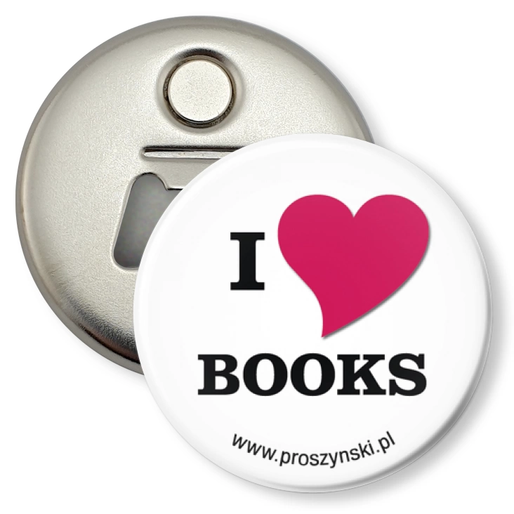 przypinka otwieracz-magnes I love books