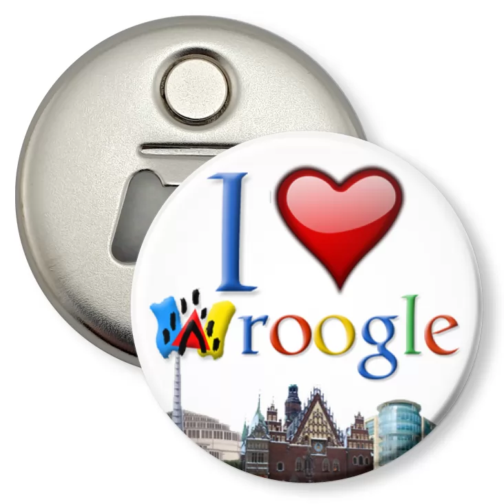 przypinka otwieracz-magnes I love Wroogle