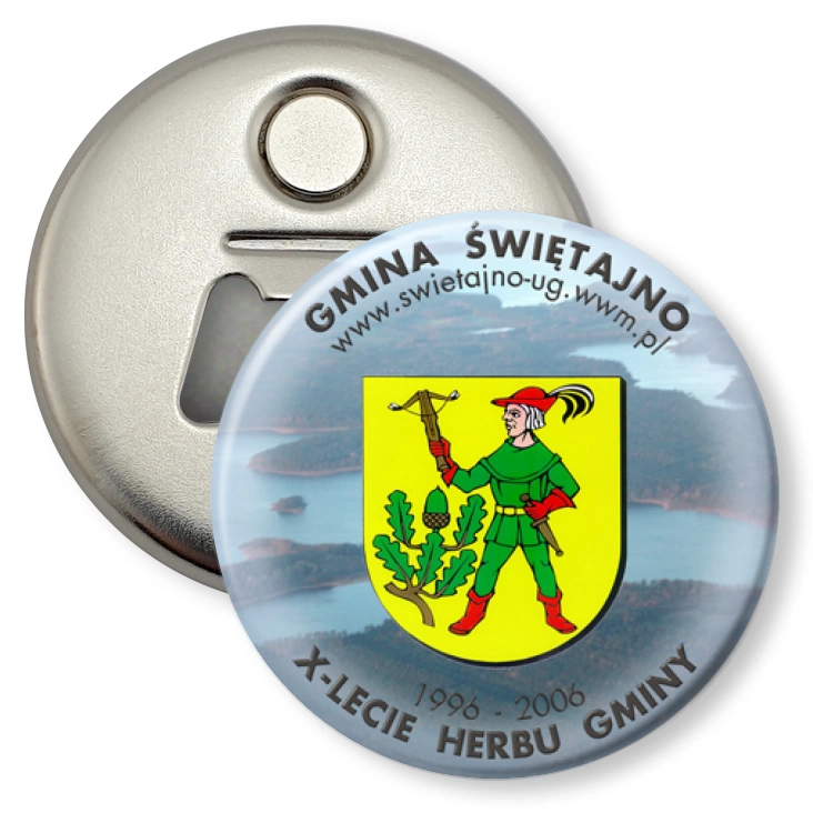 przypinka otwieracz-magnes X-lecie Herbu Gminy Świętajno