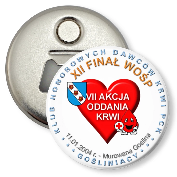 przypinka otwieracz-magnes XII Finał WOŚP - klub Honorwych Dawców Krwi PCK