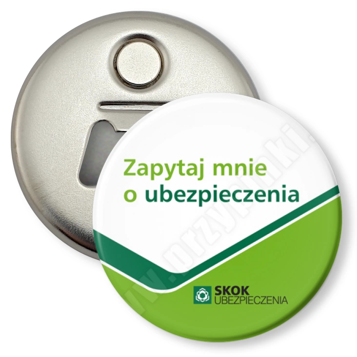 przypinka otwieracz-magnes Zapytaj mnie o ubezpieczenia