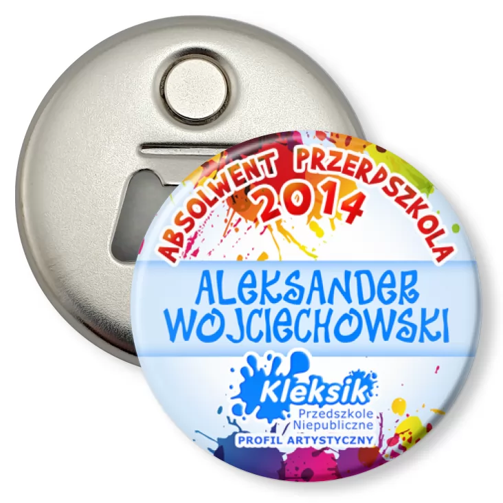 przypinka otwieracz-magnes Absolwent 2014 Przedszkola Kleksik