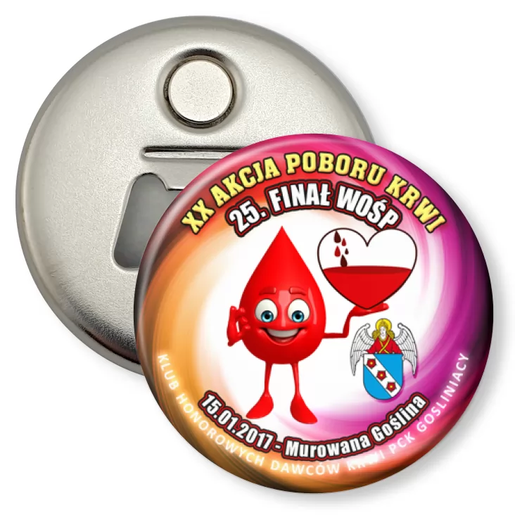 przypinka otwieracz-magnes Gośliniacy - XX Akcja Poboru Krwi