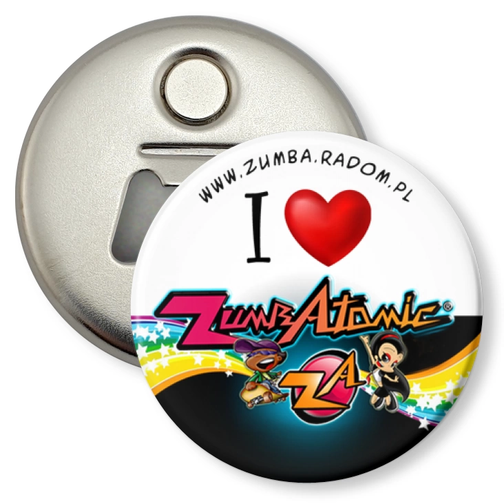 przypinka otwieracz-magnes I love ZumbAtomic