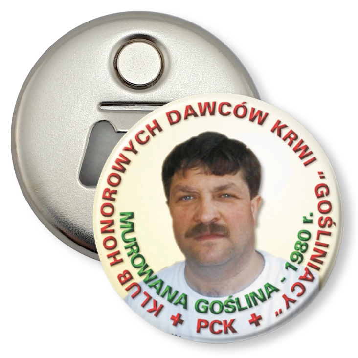 przypinka otwieracz-magnes Klub Honorowych Dawców Krwi Gośliniacy