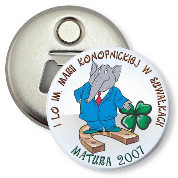 przypinka otwieracz-magnes LO im. M. Konopnickiej w Suwałkach