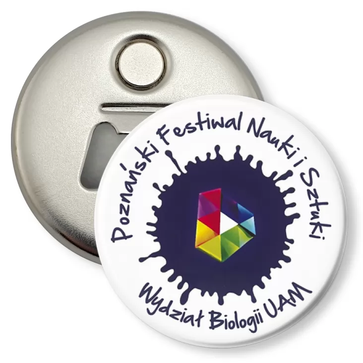 przypinka otwieracz-magnes Poznański Festiwal Nauki i Sztuki