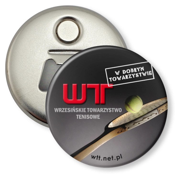 przypinka otwieracz-magnes Wrzesińskie Towarzystwo Tenisowe
