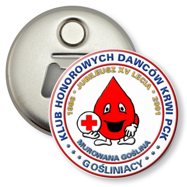 przypinka otwieracz-magnes XV-lecie Klubu Honorowych Dawców Krwi