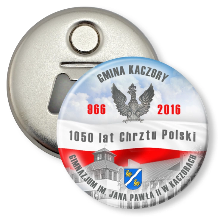 przypinka otwieracz-magnes Gimnazjum im. Jana Pawła II w Kaczorach