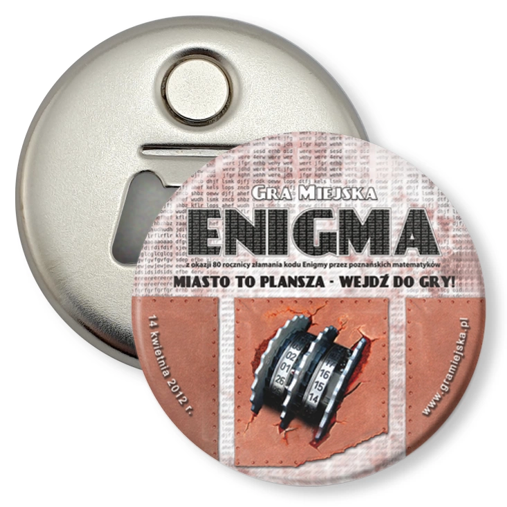 przypinka otwieracz-magnes Gra Miejska - Enigma