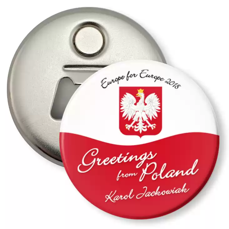 przypinka otwieracz-magnes Greetings from Poland