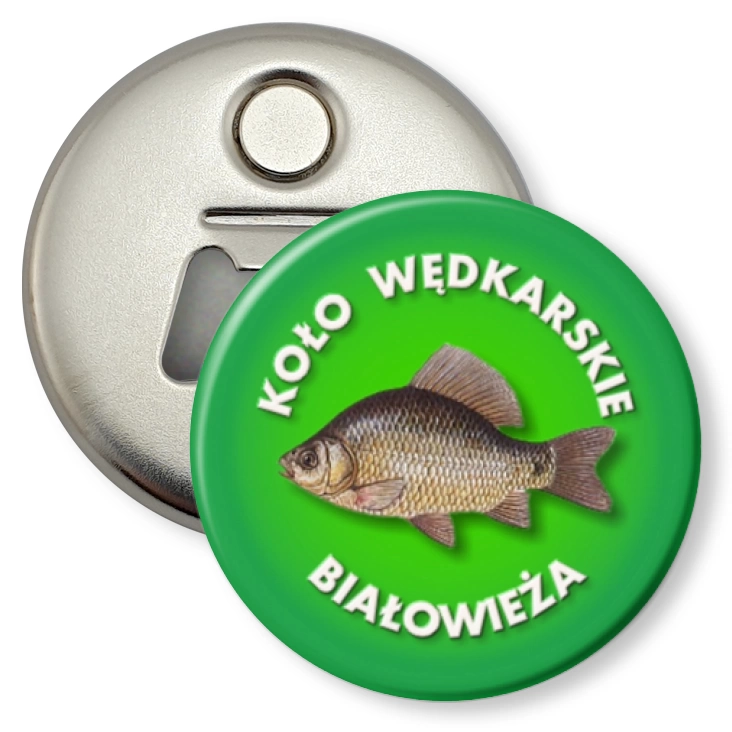 przypinka otwieracz-magnes Koło Wędkarskie Białowieża