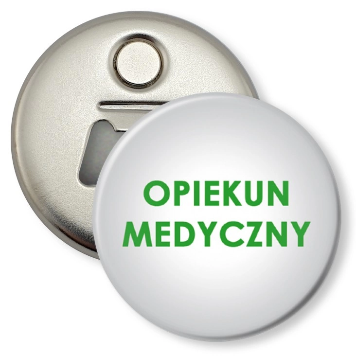 przypinka otwieracz-magnes Opiekun medyczny na szarym tle