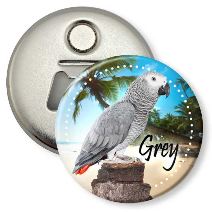 przypinka otwieracz-magnes Papugarnia Carmen - Grey