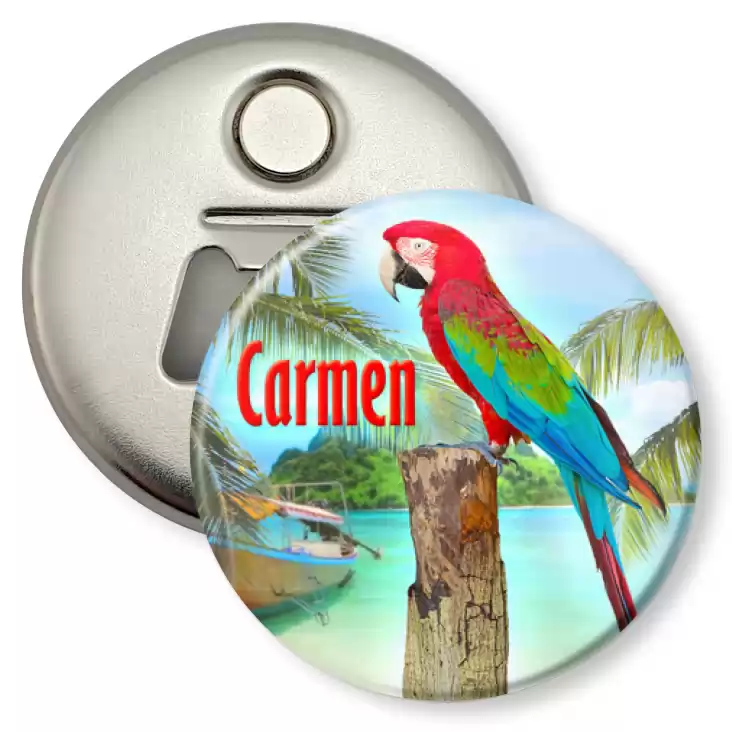 przypinka otwieracz-magnes Papugarnia Carmen