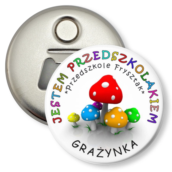 przypinka otwieracz-magnes Przedszkole Frysztak - grzybki
