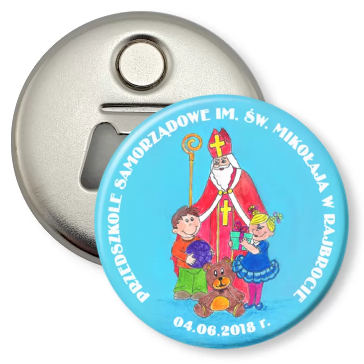 przypinka otwieracz-magnes Przedszkole w Rajbrocie