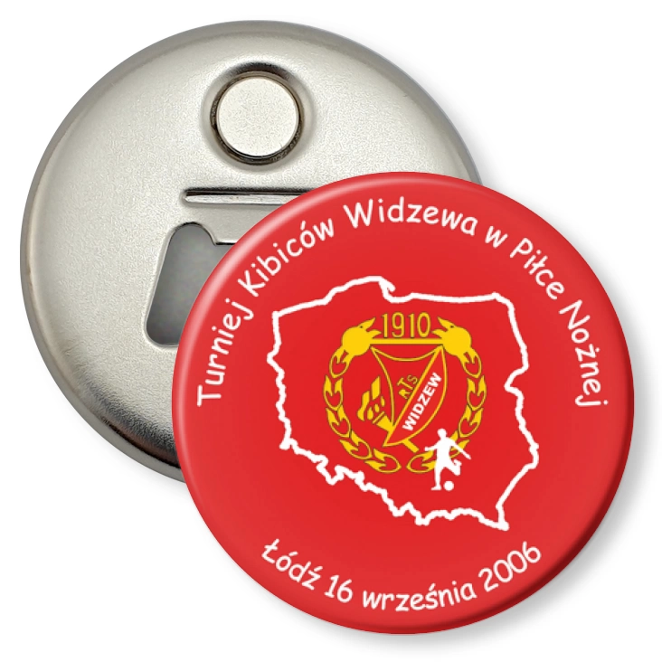 przypinka otwieracz-magnes Turniej Kibiców Widzewa w Piłce Nożnej