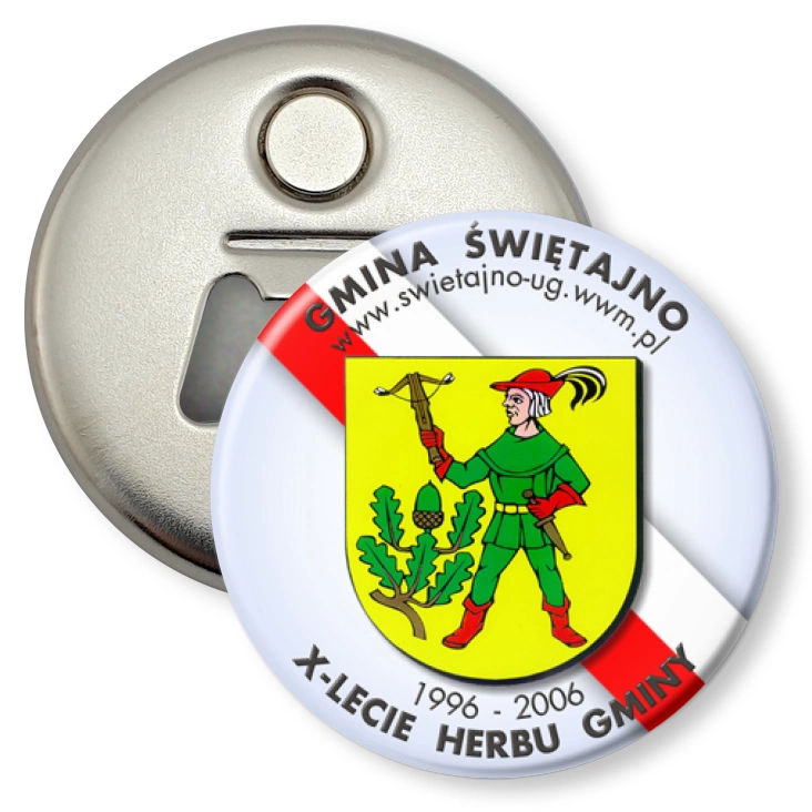 przypinka otwieracz-magnes X-lecie Herbu Gminy Świętajno