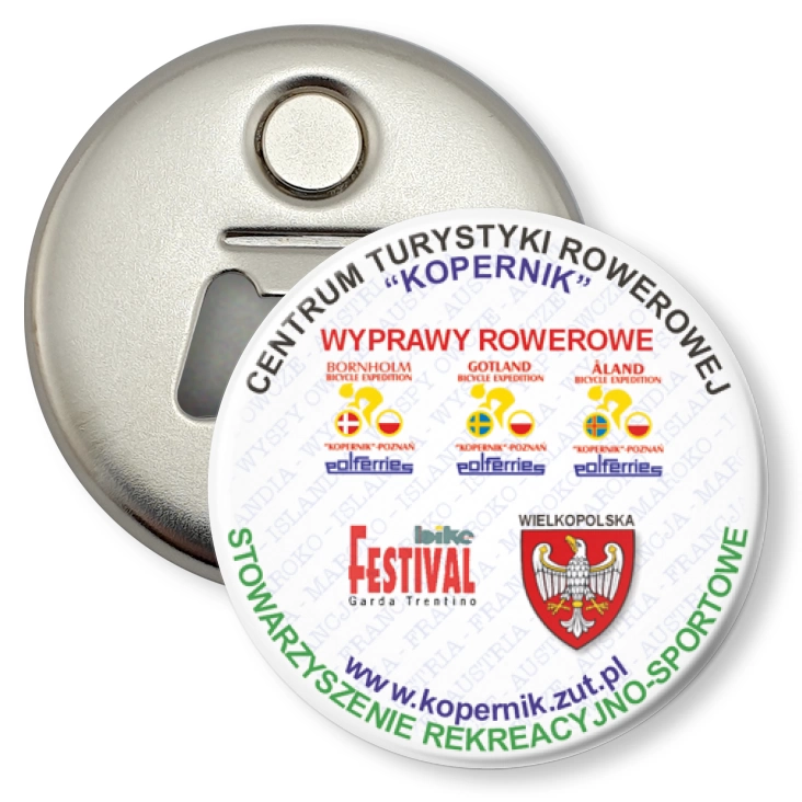 przypinka otwieracz-magnes Centrum Turystyki Rowerowej Kopernik