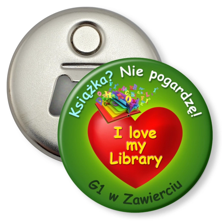 przypinka otwieracz-magnes I love my Library