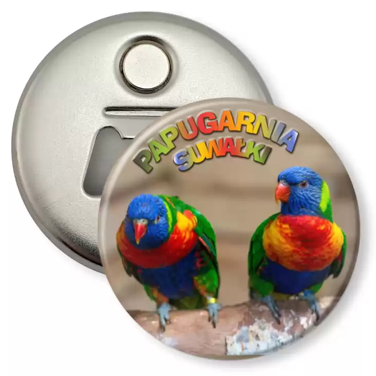 przypinka otwieracz-magnes Papugarnia Suwałki para papug