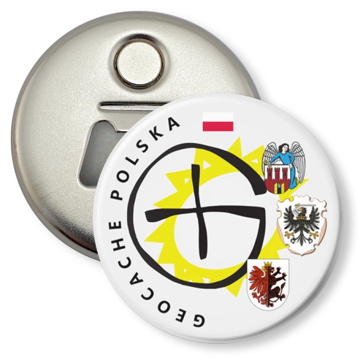 przypinka otwieracz-magnes Geocache Polska