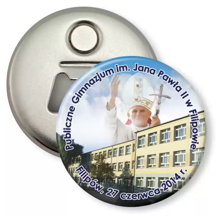 przypinka otwieracz-magnes Gimnazjum im. Jana Pawła II w Filipowie