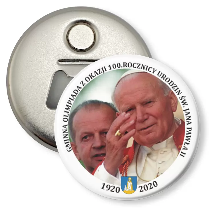 przypinka otwieracz-magnes Gminna Olimpiada z okazji 100. rocznicy urodzin św. Jana Pawła II