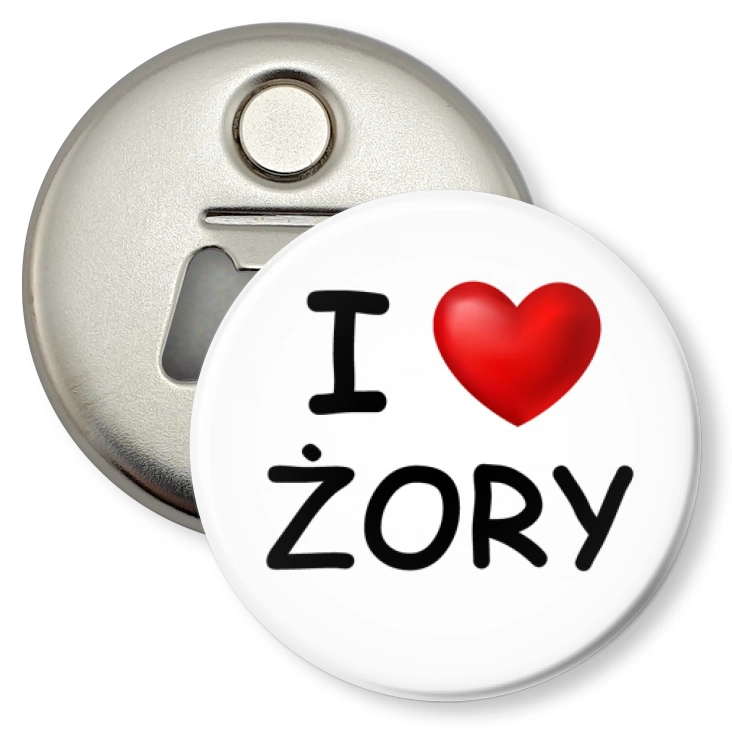 przypinka otwieracz-magnes I love Żory