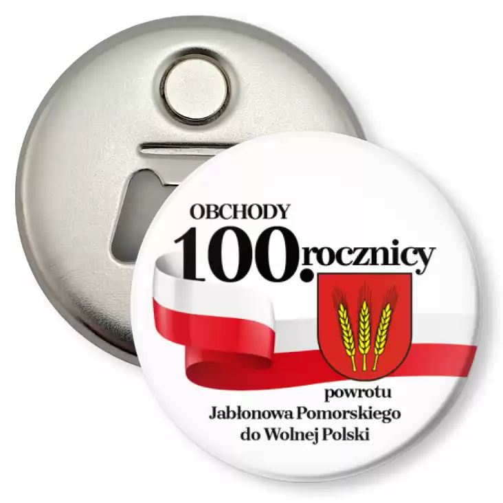przypinka otwieracz-magnes Obchody 100. Rocznicy powrotu Jabłonowa Pomorskiego do Wolnej Polski