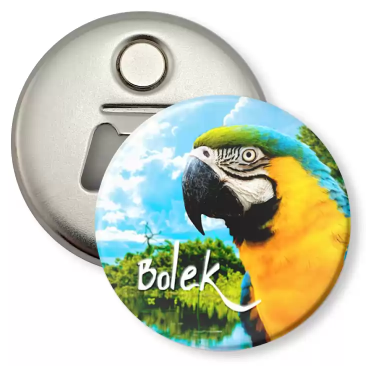 przypinka otwieracz-magnes Papugarnia Carmen - BOLEK