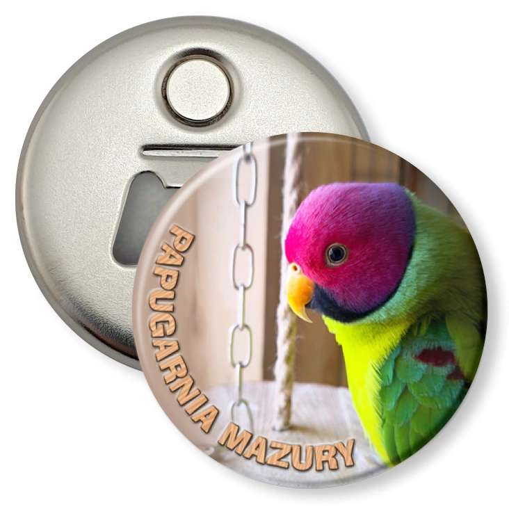przypinka otwieracz-magnes Papugarnia Mazury