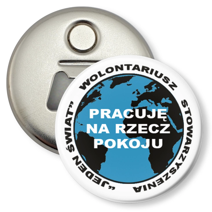 przypinka otwieracz-magnes Pracuję na rzecz pokoju - biały