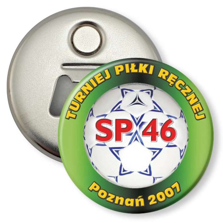 przypinka otwieracz-magnes Turniej Piłki Ręcznej w SP 46