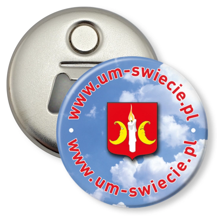 przypinka otwieracz-magnes www.um-swiecie.pl