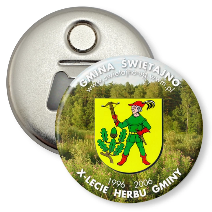 przypinka otwieracz-magnes X-lecie Herbu Gminy Świętajno