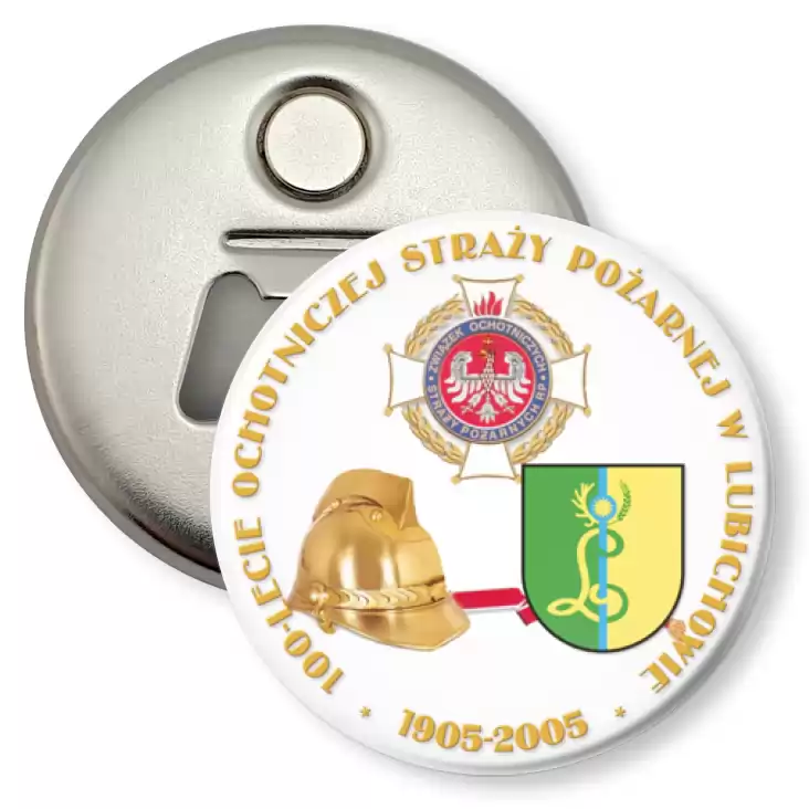 przypinka otwieracz-magnes 100-lecie Ochotniczej Straży Pożarniej w Lubichowie