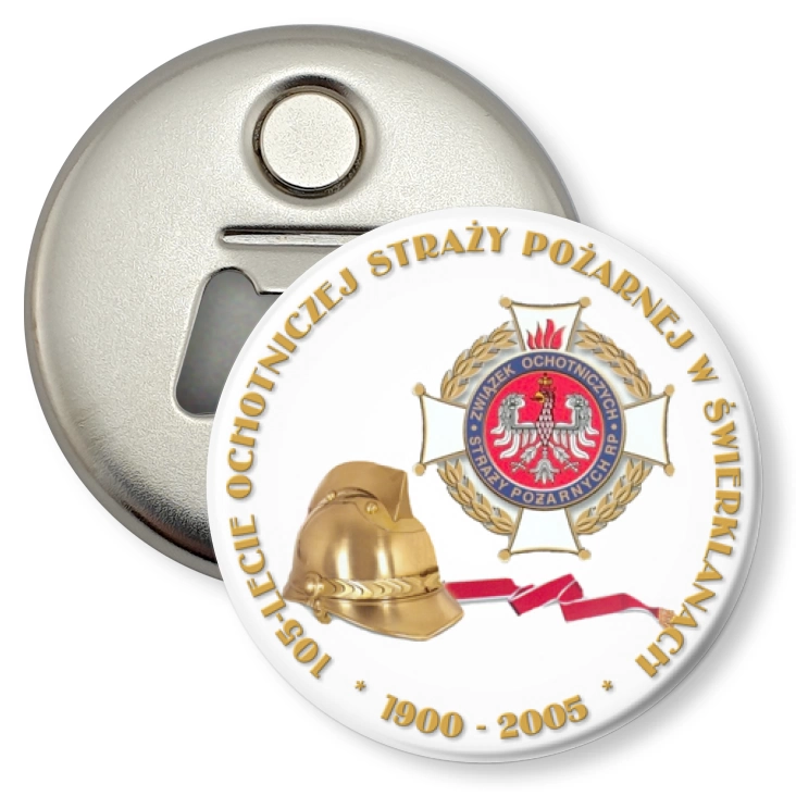 przypinka otwieracz-magnes 105-lecie OSP w Świerklanach