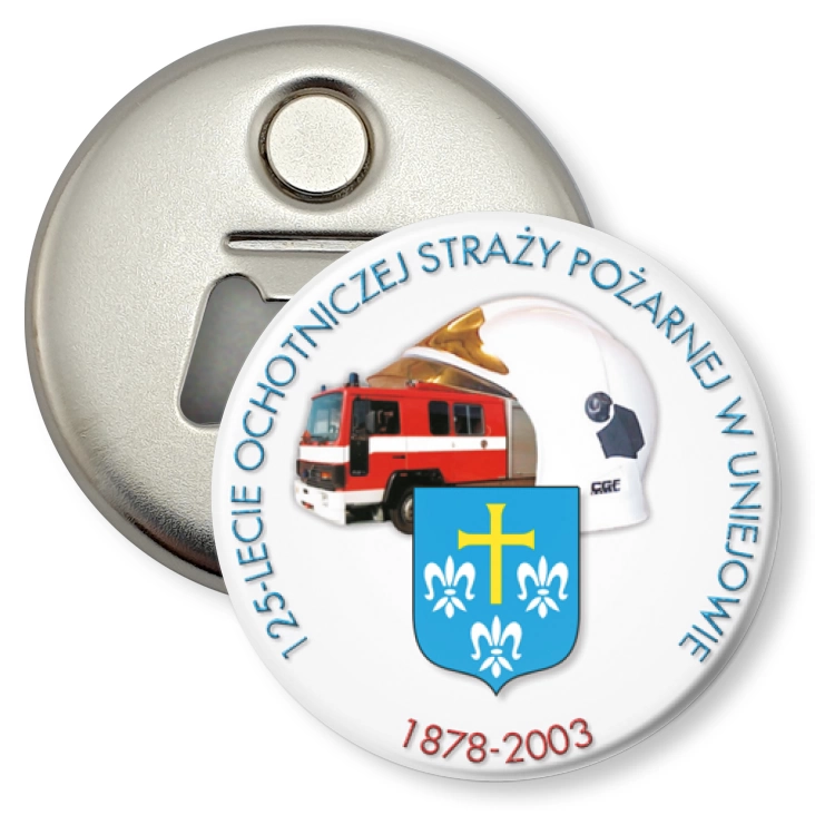 przypinka otwieracz-magnes 125-lecie OSP w Uniejowie