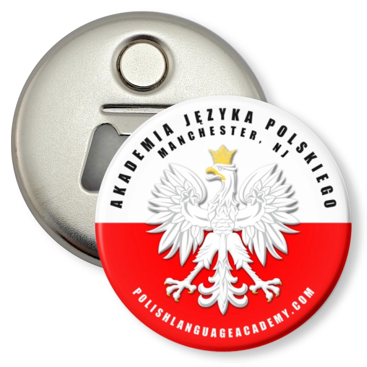 przypinka otwieracz-magnes Akademia Języka Polskiego