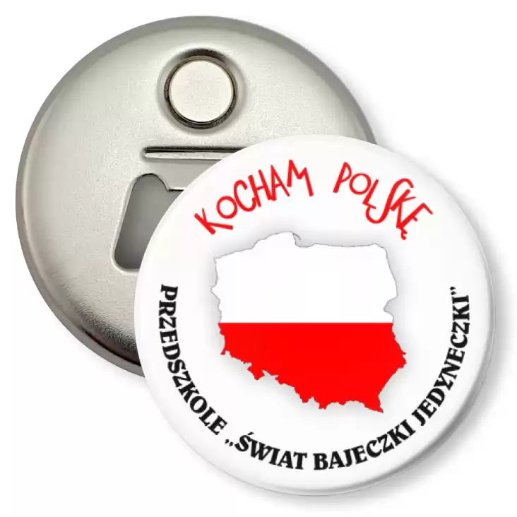 przypinka otwieracz-magnes Kocham Polskę