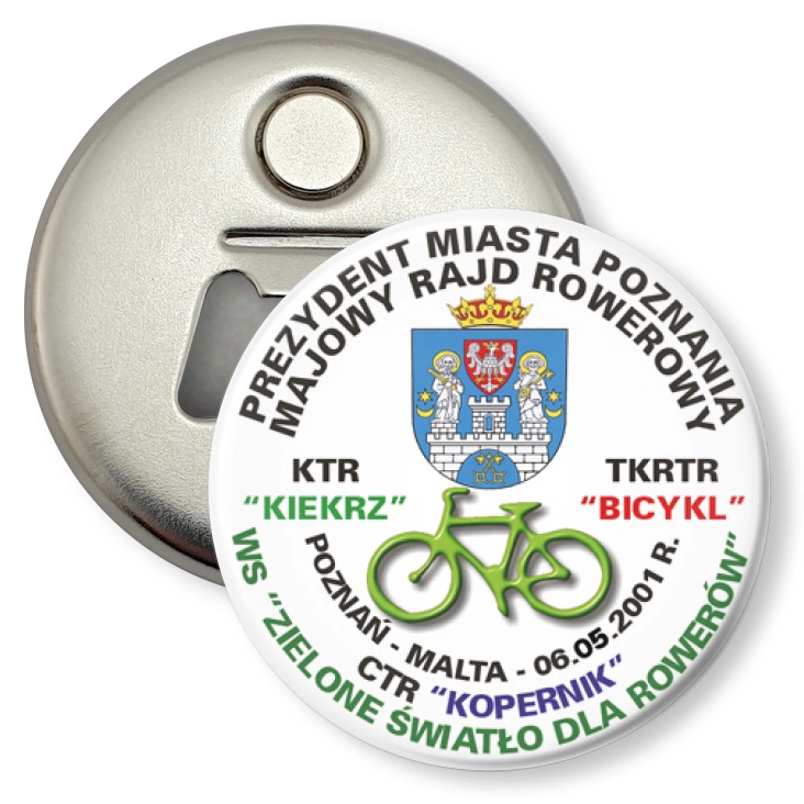 przypinka otwieracz-magnes Majowy Rajd Rowerowy Zielone Światło dla Rowerów