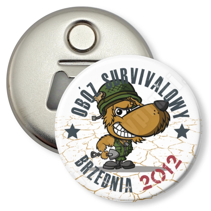 przypinka otwieracz-magnes Obóz survivalowy