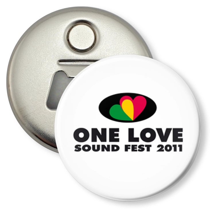 przypinka otwieracz-magnes One love 2011 - białe