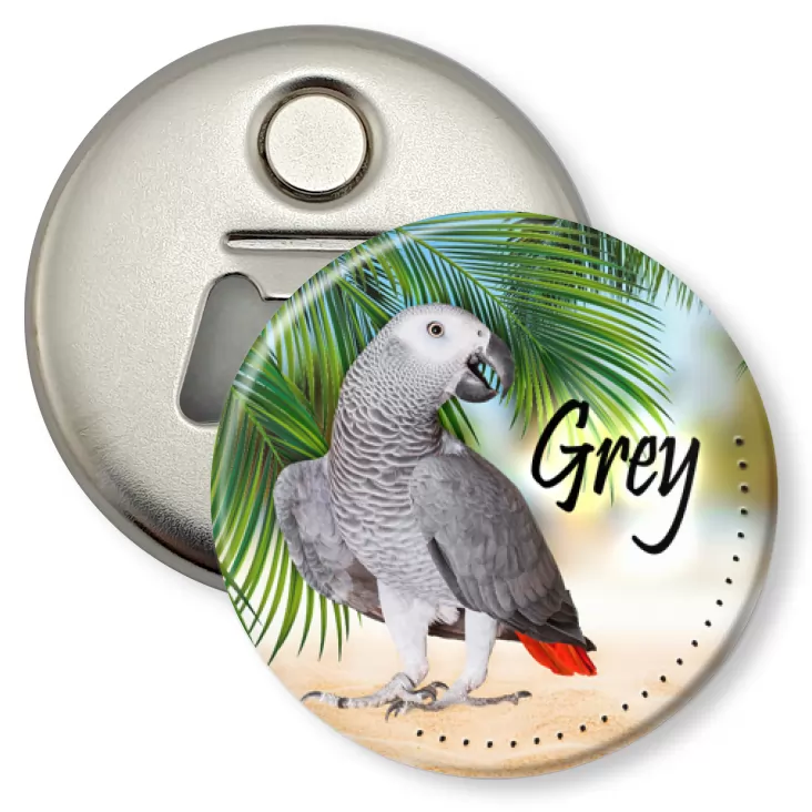 przypinka otwieracz-magnes Papugarnia Carmen - Grey
