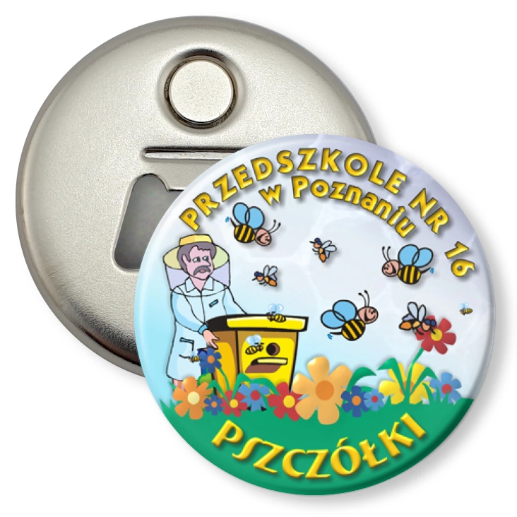 przypinka otwieracz-magnes Przedszkole nr 16 w Poznaniu Pszczółki
