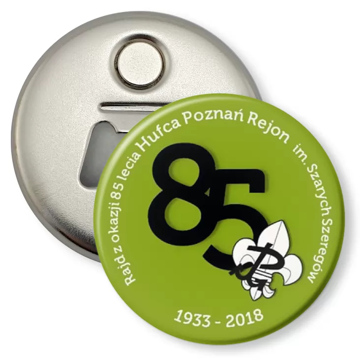 przypinka otwieracz-magnes Rajd z okazji 85-lecia Hufca Poznań Rejon