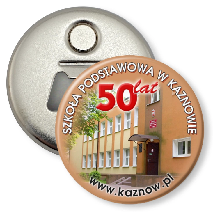 przypinka otwieracz-magnes Szkoła Podstawowa w Kaznowie - 50 lat